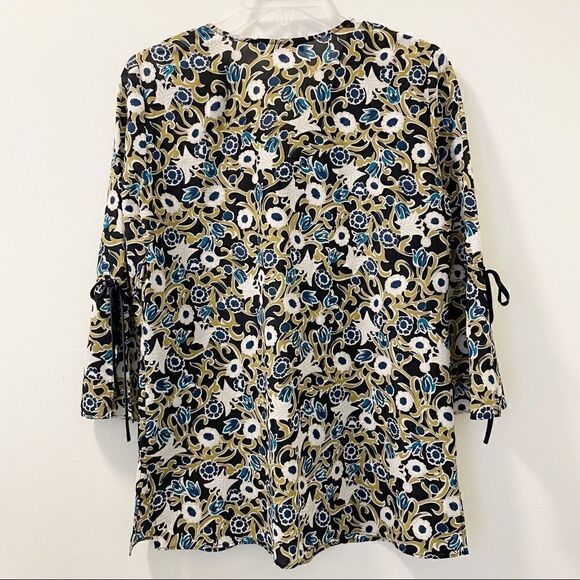 Lafayette 148 New York Floral V-Neck Blouse 3/4 Tie Sleeve Black Blue Green S - Picture 3 of 7